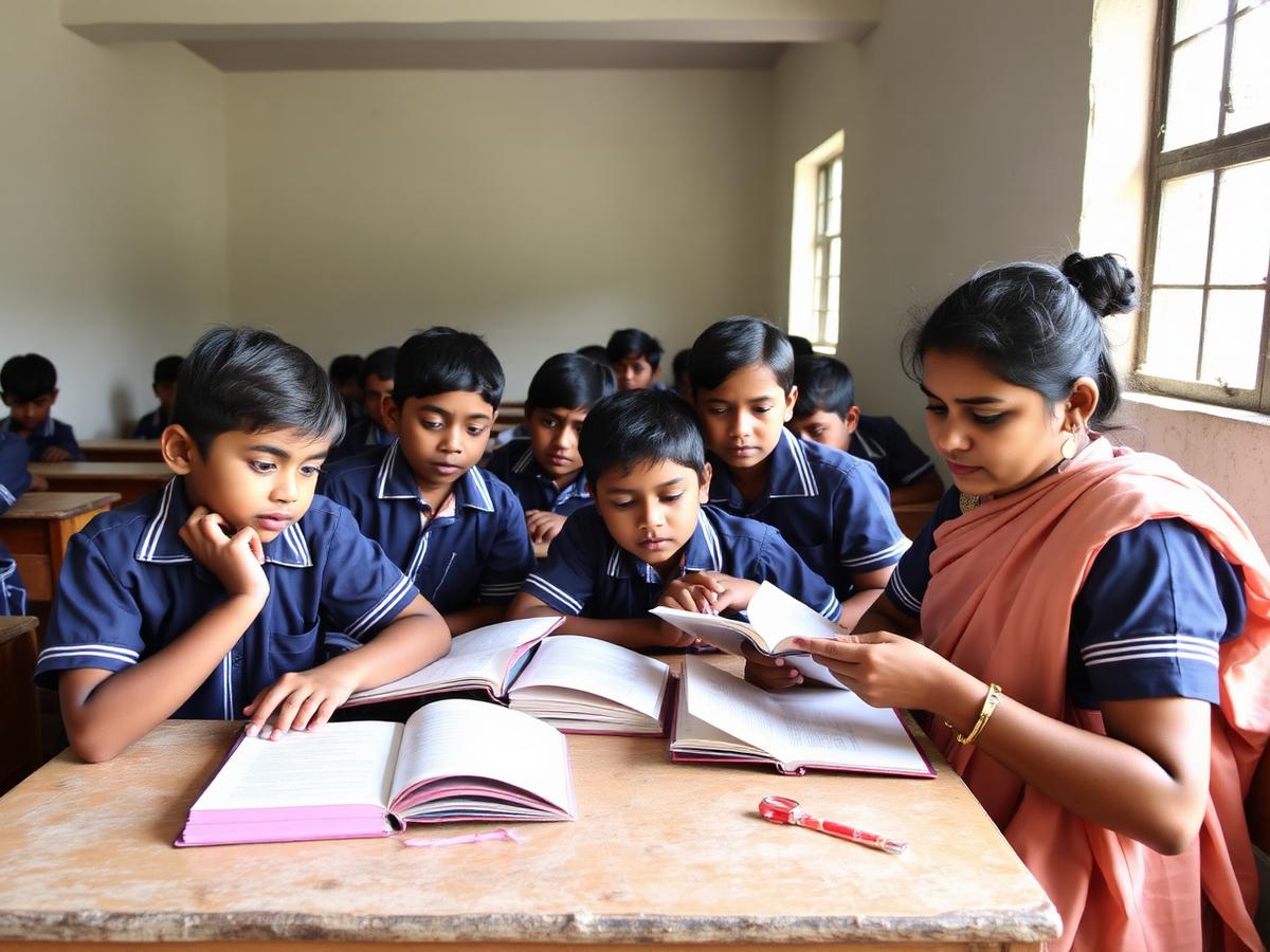 Students studying with a teacher in a classroom