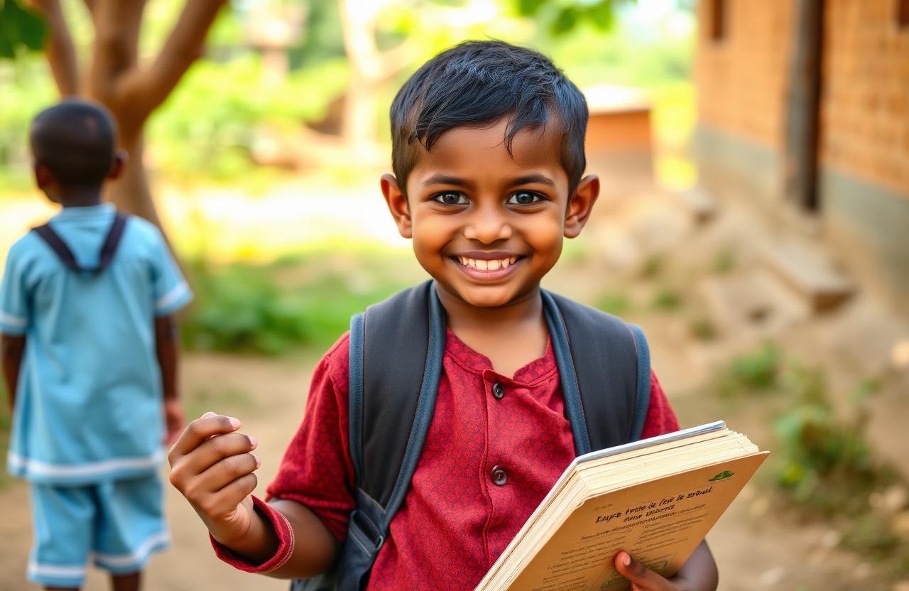 मुस्कुराता हुआ बच्चा अपनी नई किताबें पकड़े