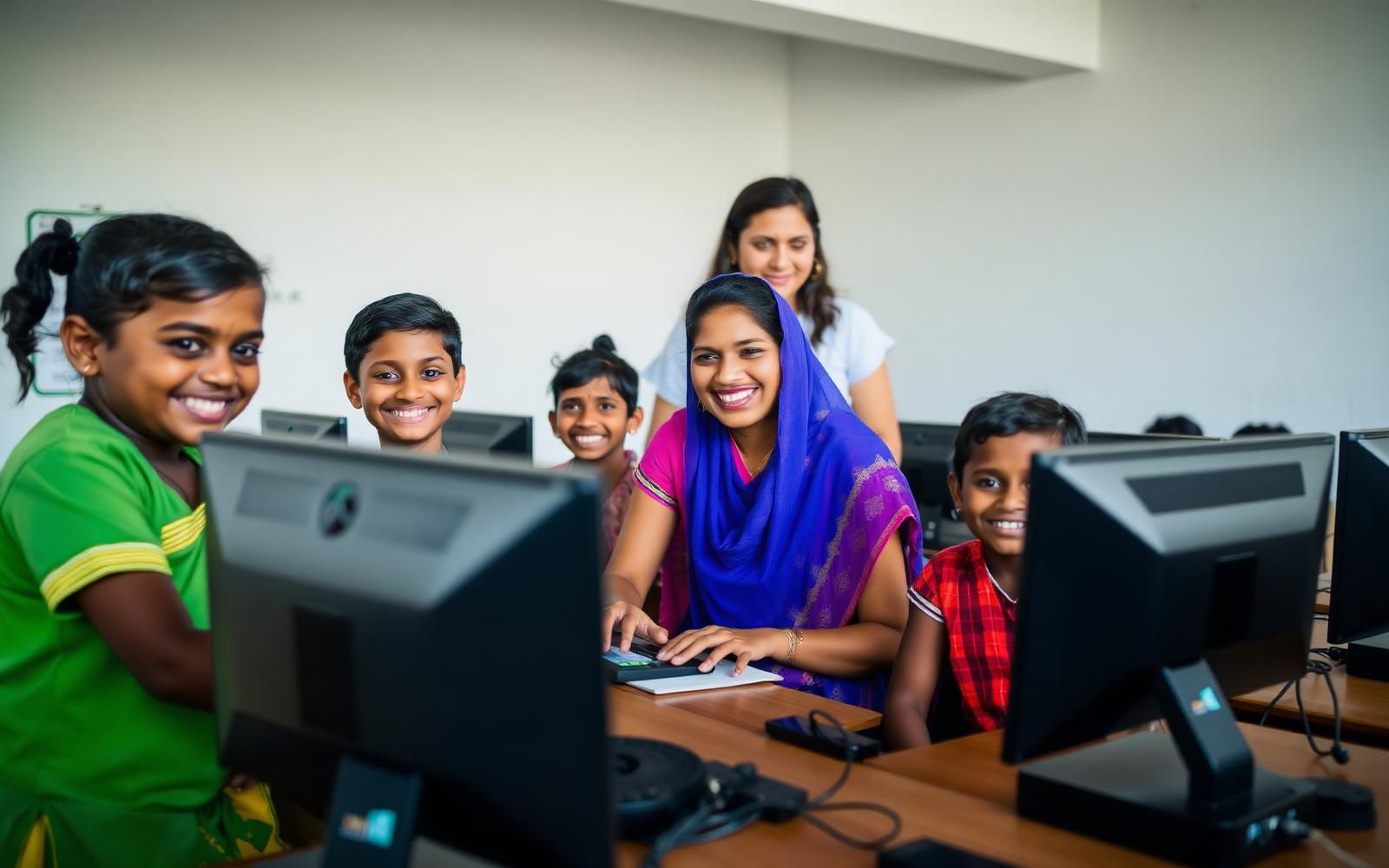 Children learning computers with a volunteer teacher at Aarambh Sewa Foundation